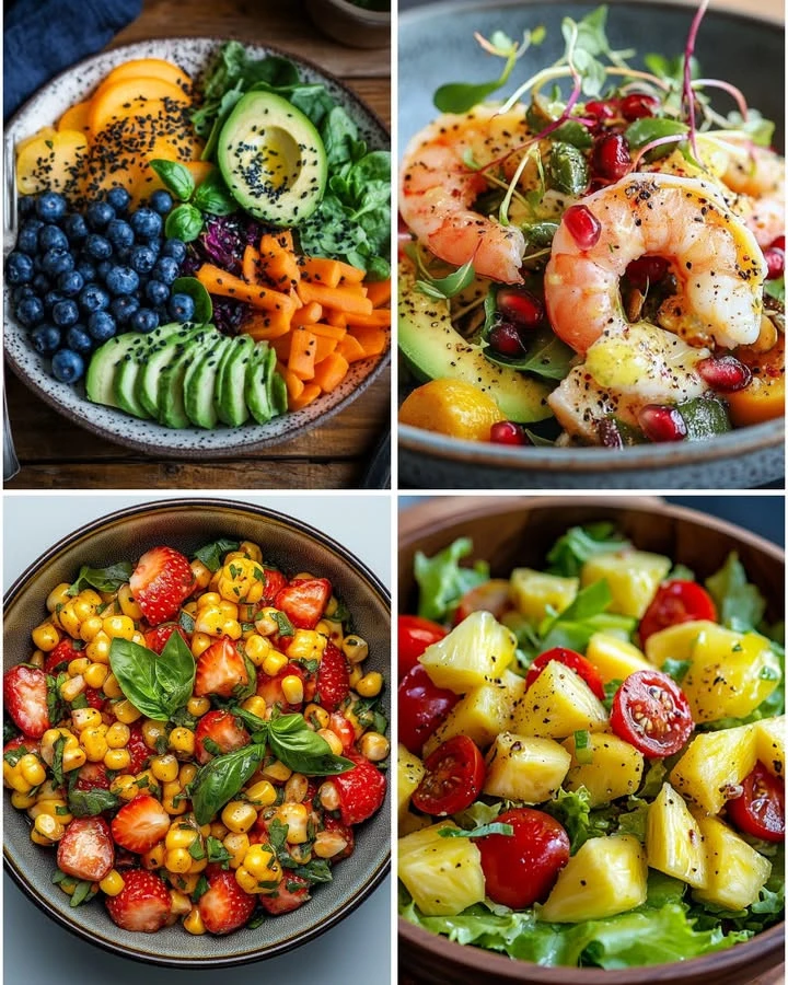 Colorful and creative salad combos with fresh ingredients and dressings