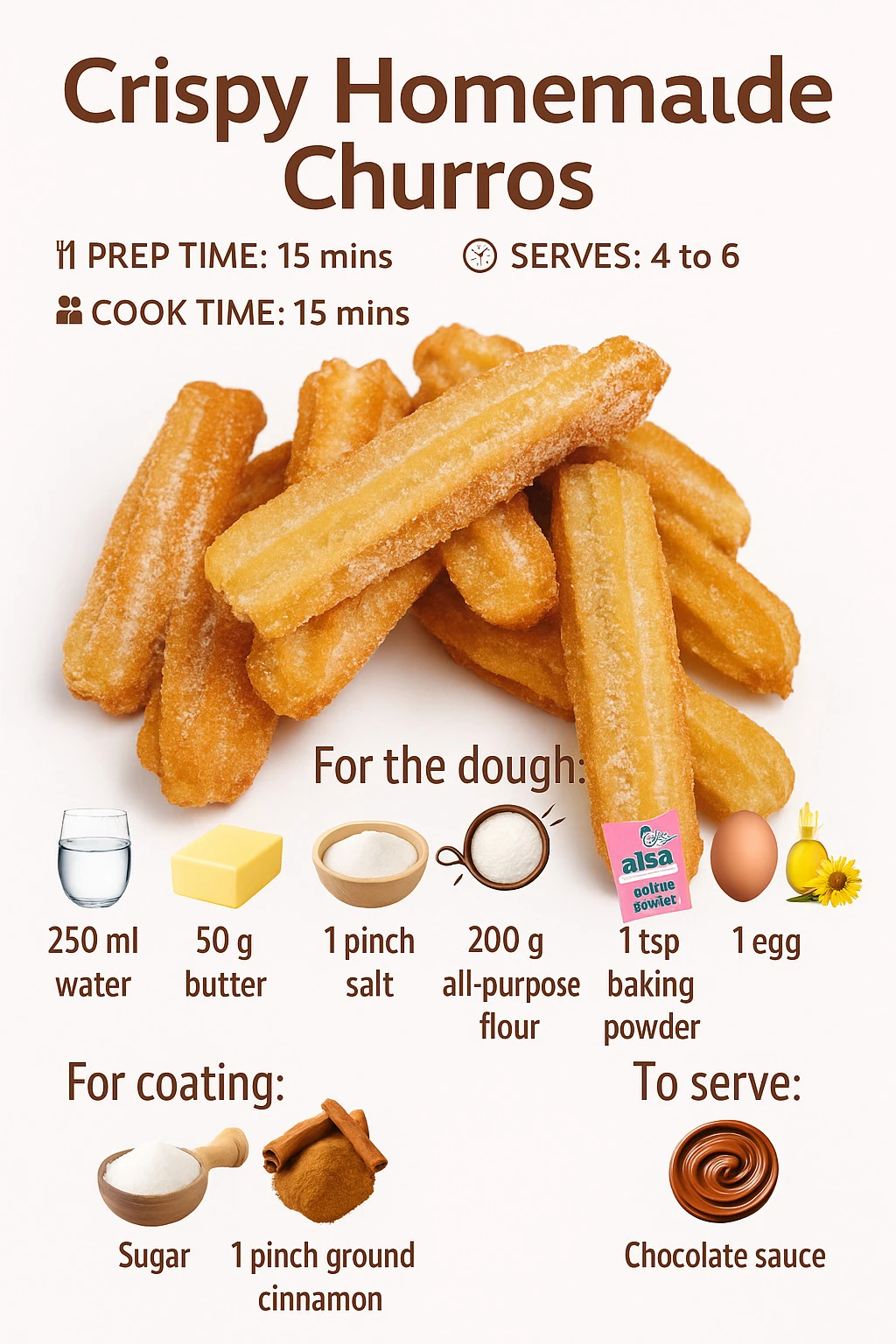 Plate of crispy homemade churros dusted with sugar and served with chocolate sauce.