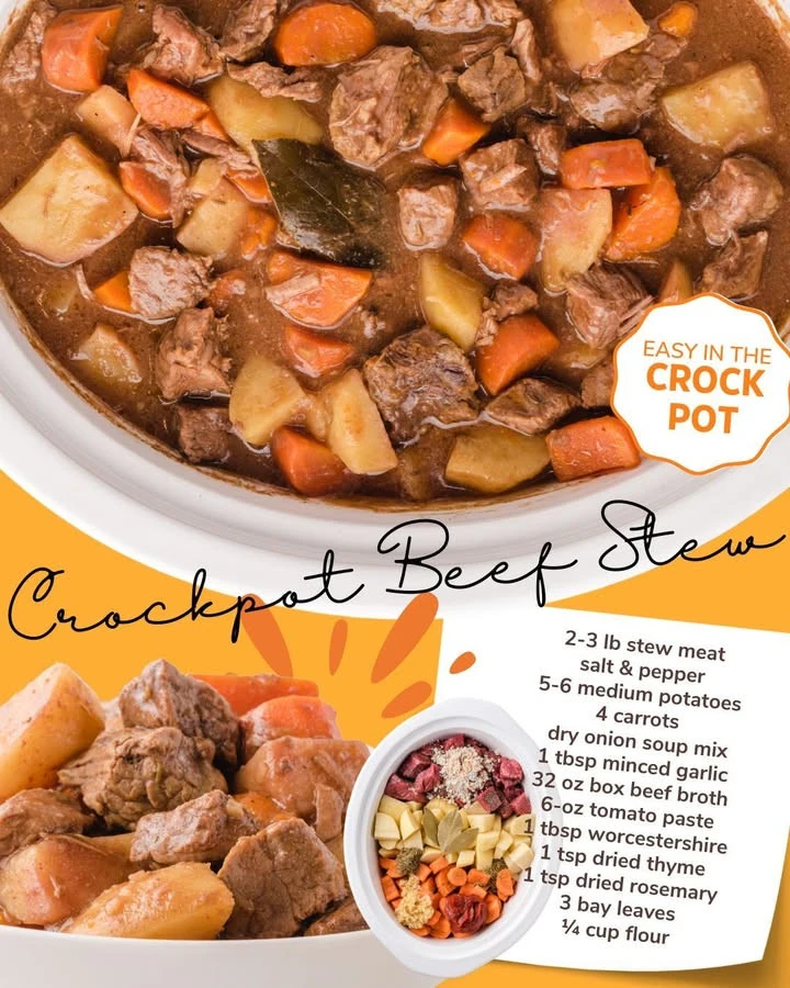 Delicious Crockpot beef stew served in a bowl with vegetables and herbs