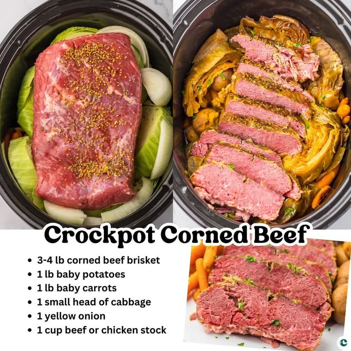 Crockpot corned beef prepared with vegetables for a hearty meal.