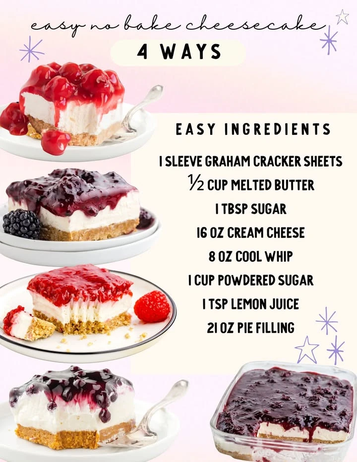 Four different no bake cheesecake varieties displayed on a dessert table.