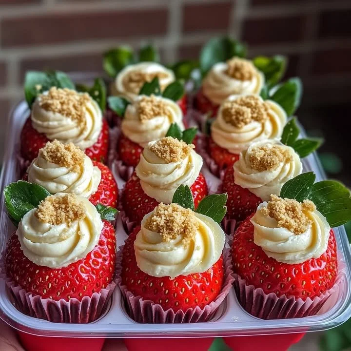 Deviled cheesecake stuffed strawberries topped with whipped cream and chocolate drizzle.