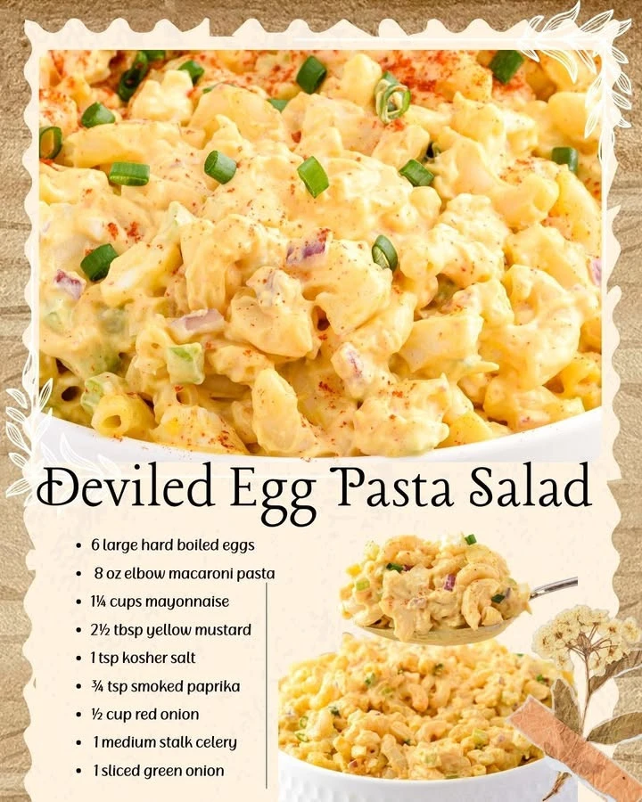 Delicious Deviled Egg Pasta Salad with creamy dressing and garnishes
