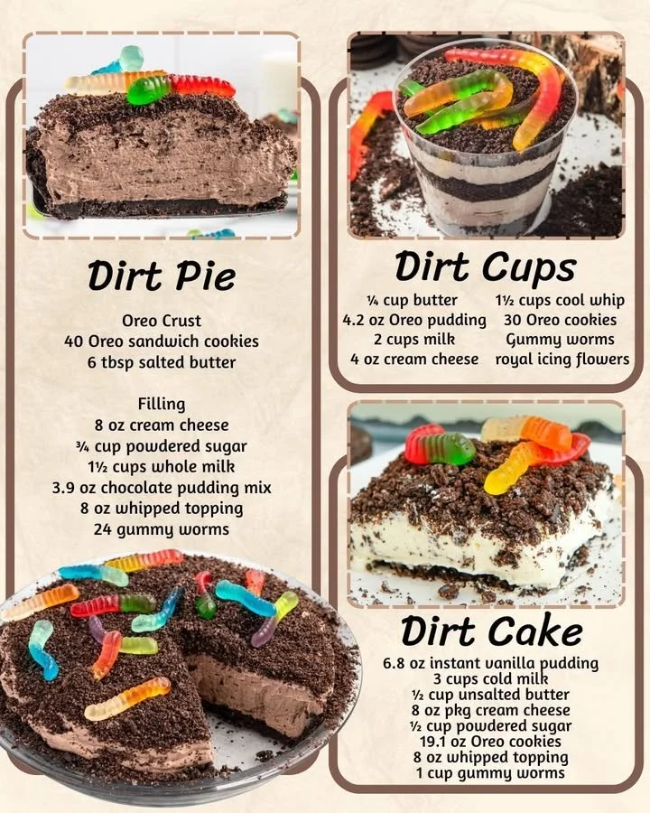 Variety of Dirt Dessert served in cups with gummy worms and chocolate crumbs