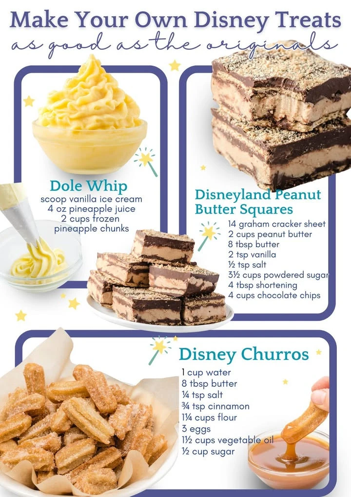 Variety of Disney treats including Mickey-shaped snacks and colorful desserts