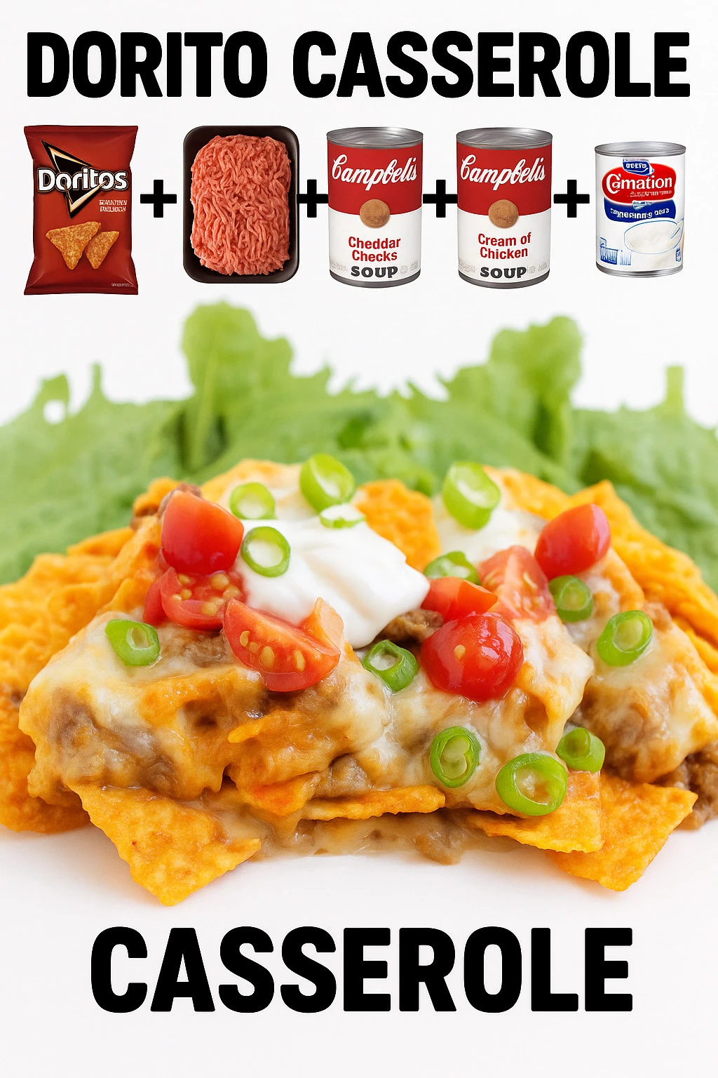A delicious Dorito Casserole served in a dish, topped with cheese and chips.