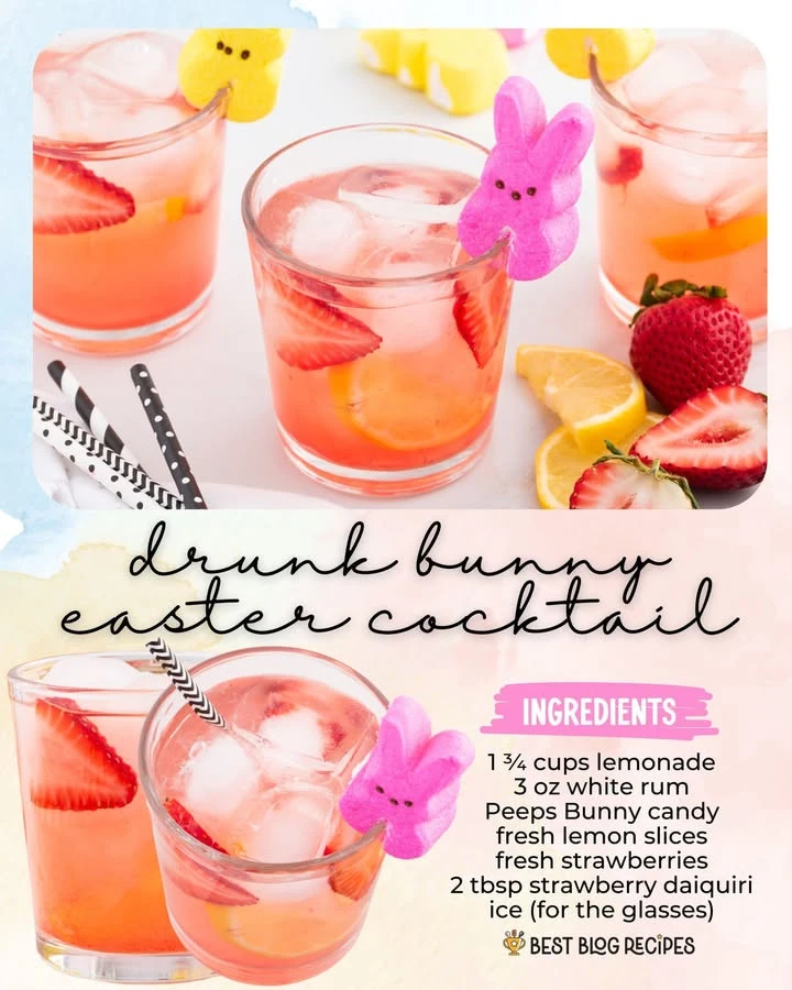 Drunk Bunny Easter Cocktail in a colorful glass with festive decorations.