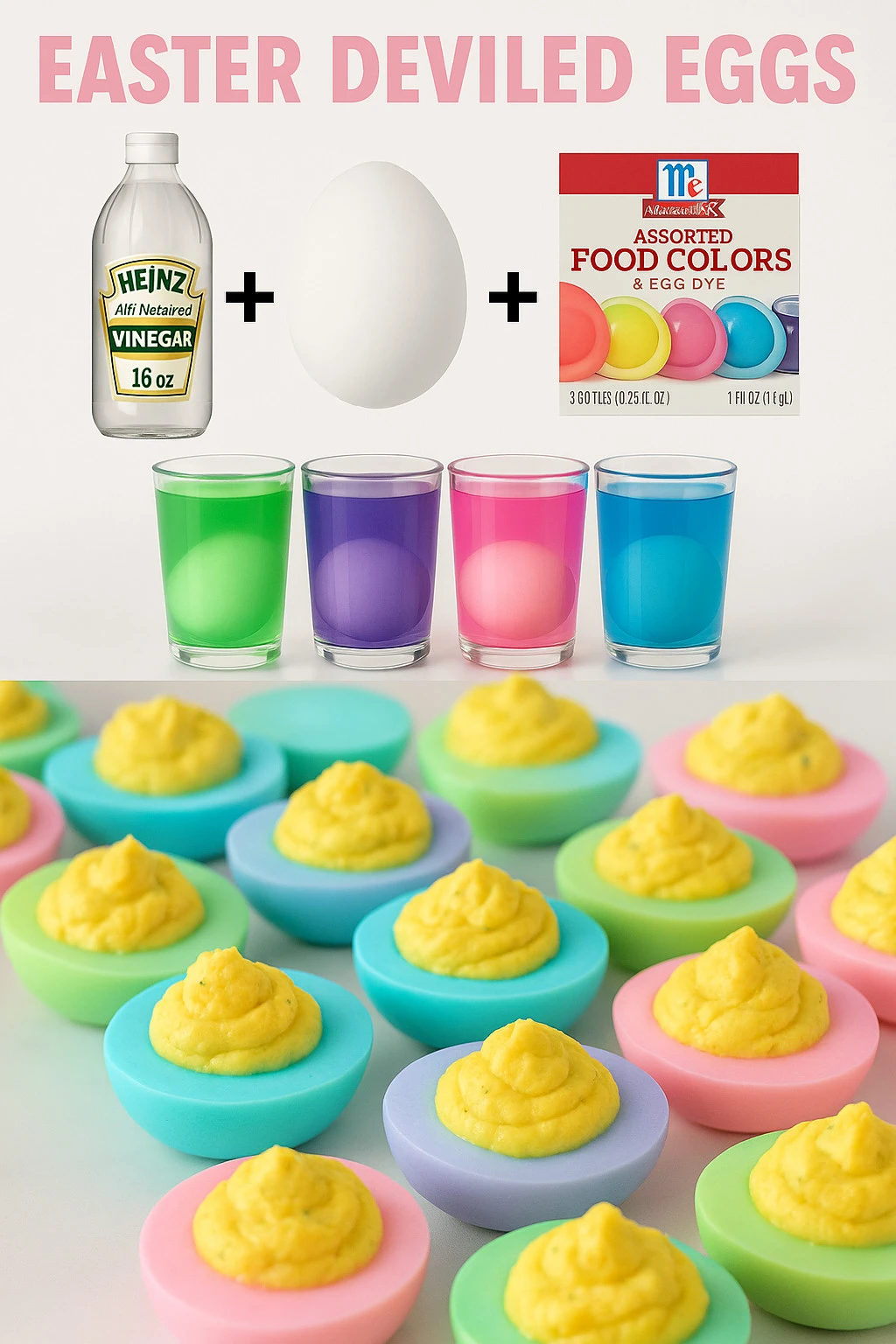 Colorful Easter Deviled Eggs garnished with herbs and spices on a plate.
