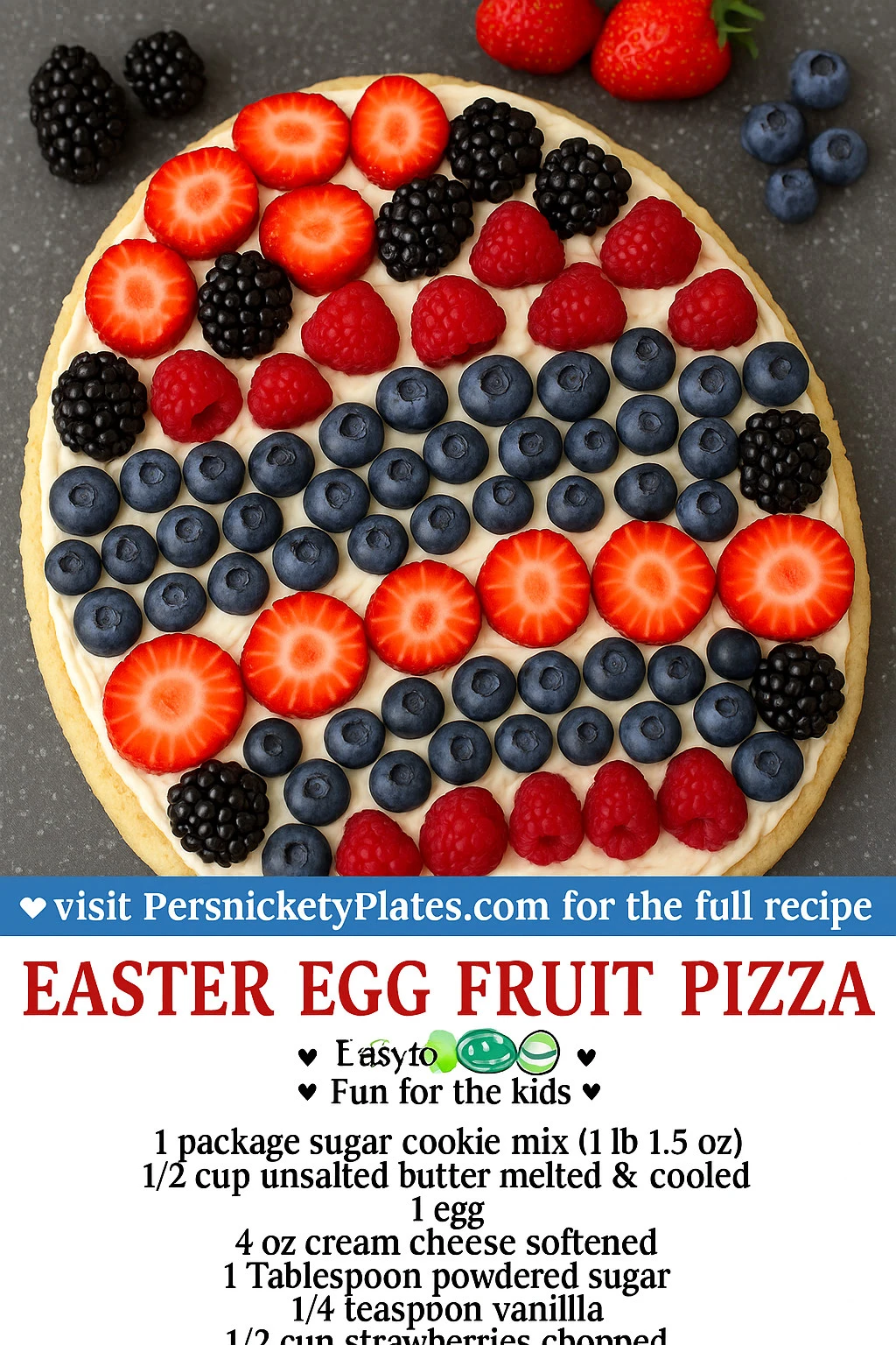 Easter Egg Fruit Pizza topped with colorful fruits and vibrant chocolate drizzle.
