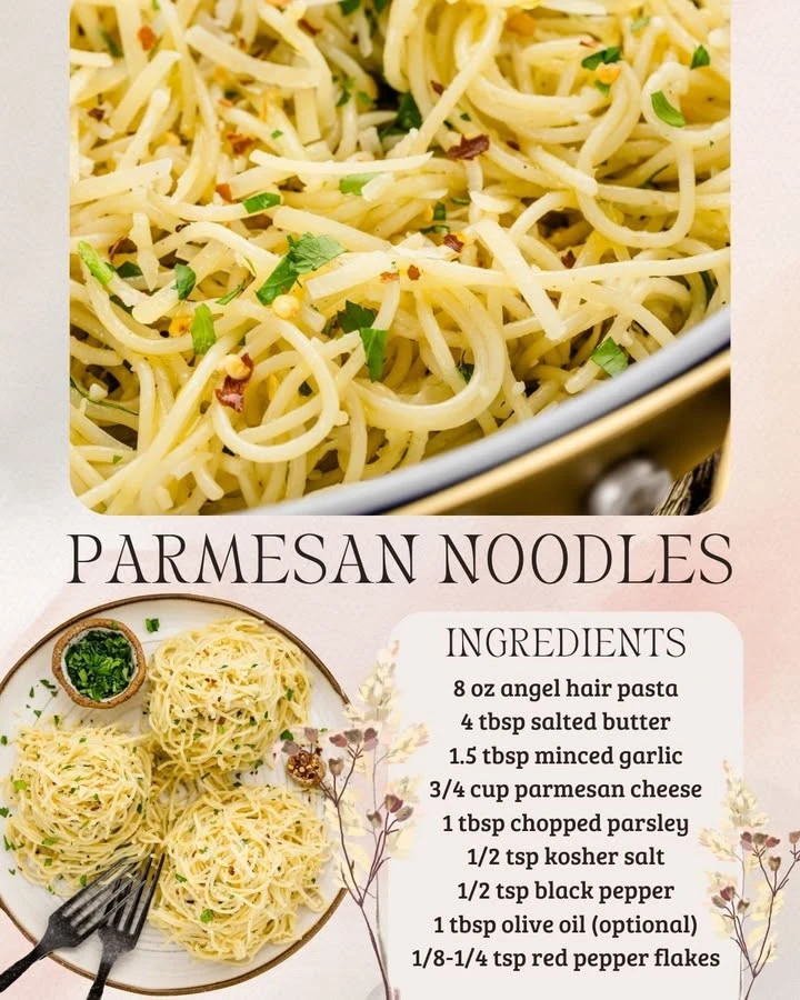 Bowl of easy garlic parmesan pasta topped with parsley and parmesan cheese