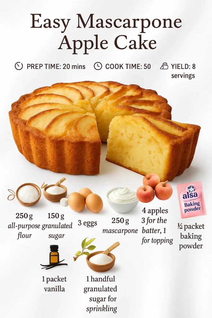 Slice of easy mascarpone apple cake with fresh apple and mascarpone cheese topping.