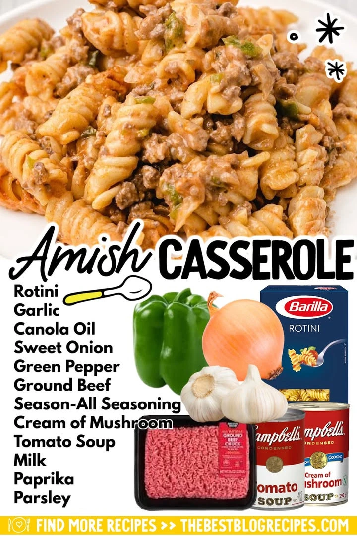 Easy Weeknight Amish Casserole served in a baking dish with spoon