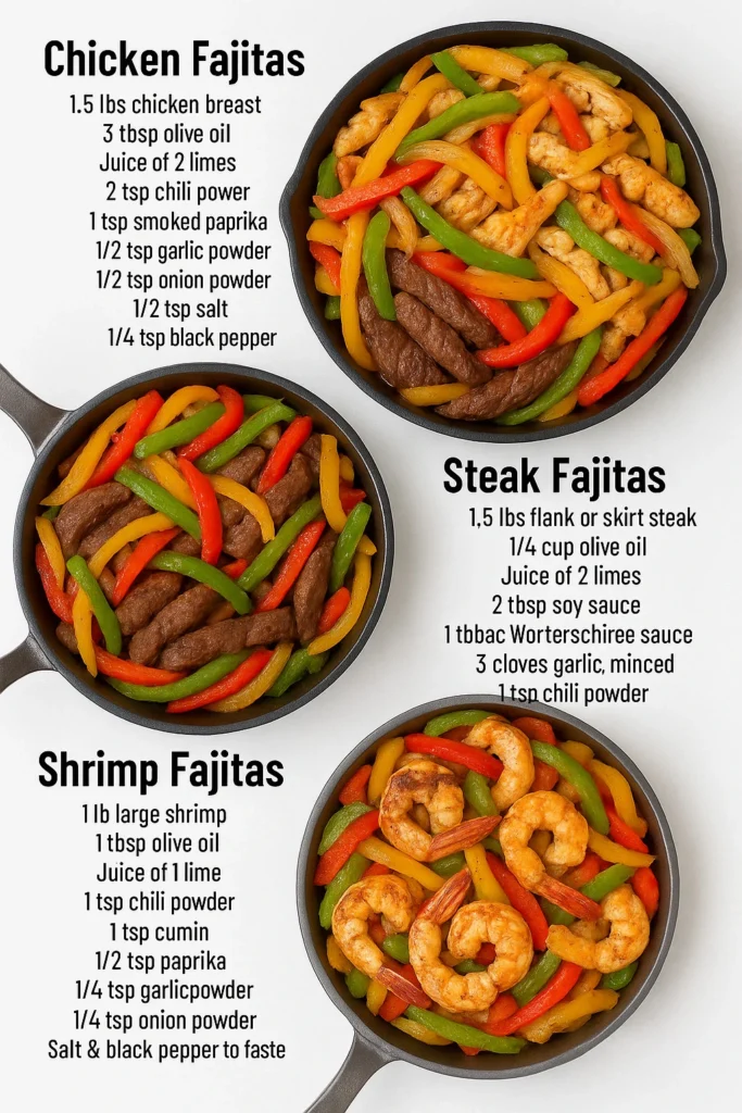 Fajita Trio with grilled chicken, steak, and shrimp on a sizzling plate
