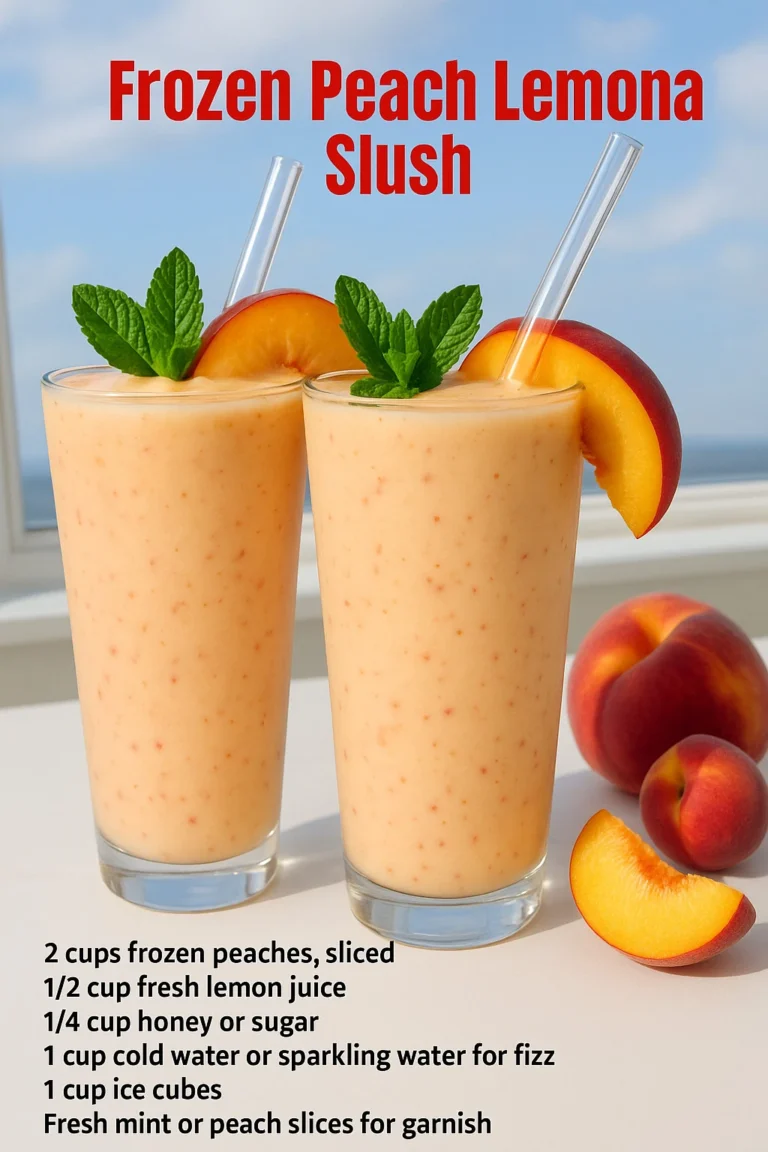 Frozen peach lemonade slush in a glass, garnished with fresh peaches and mint.