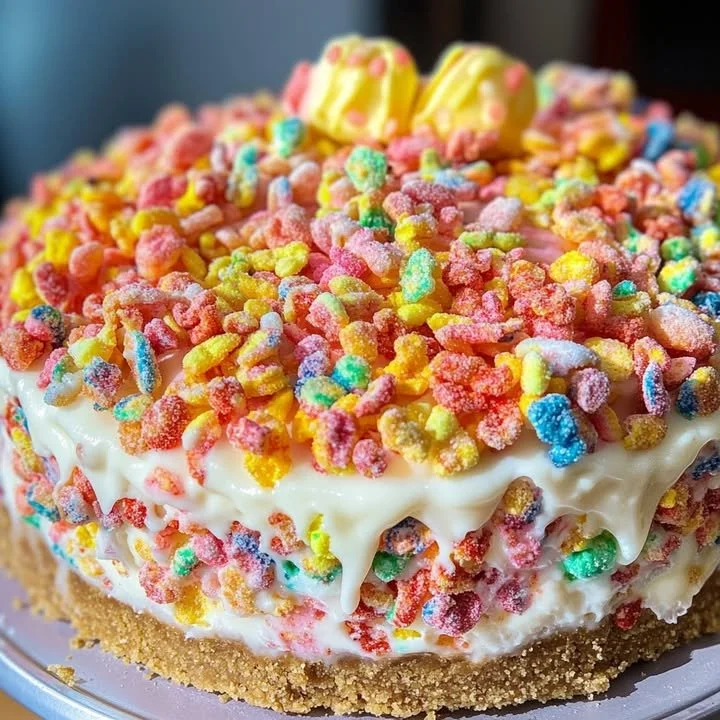 Delicious Fruity Pebble Cheesecake topped with colorful cereal and cream.