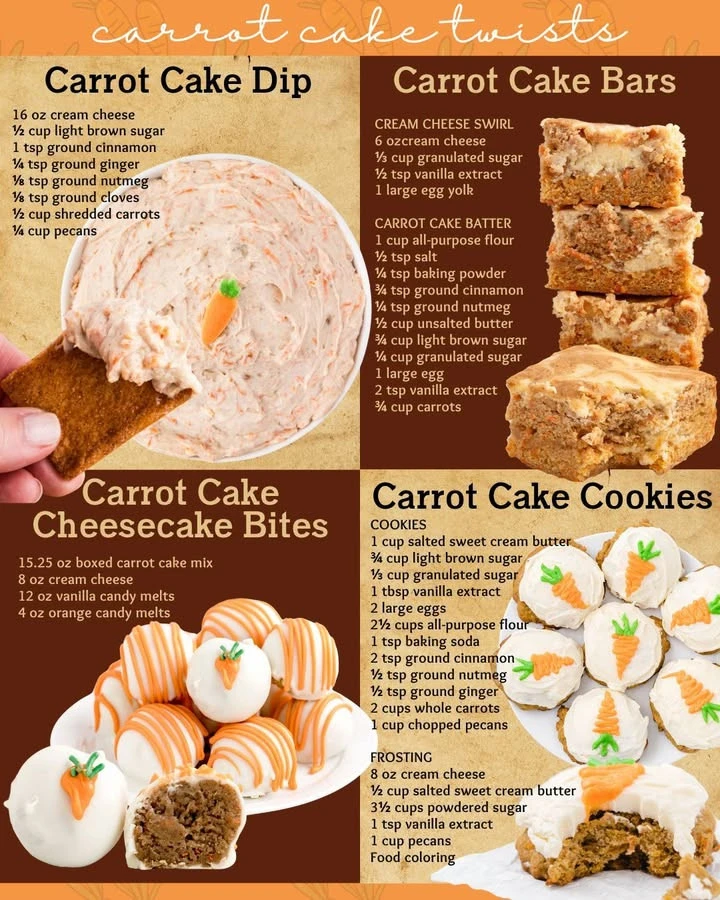 Delicious carrot cake twists with innovative flavors and decorations.
