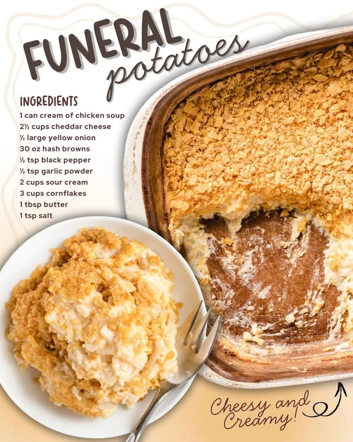 Delicious serving of Funeral Potatoes topped with crispy breadcrumbs