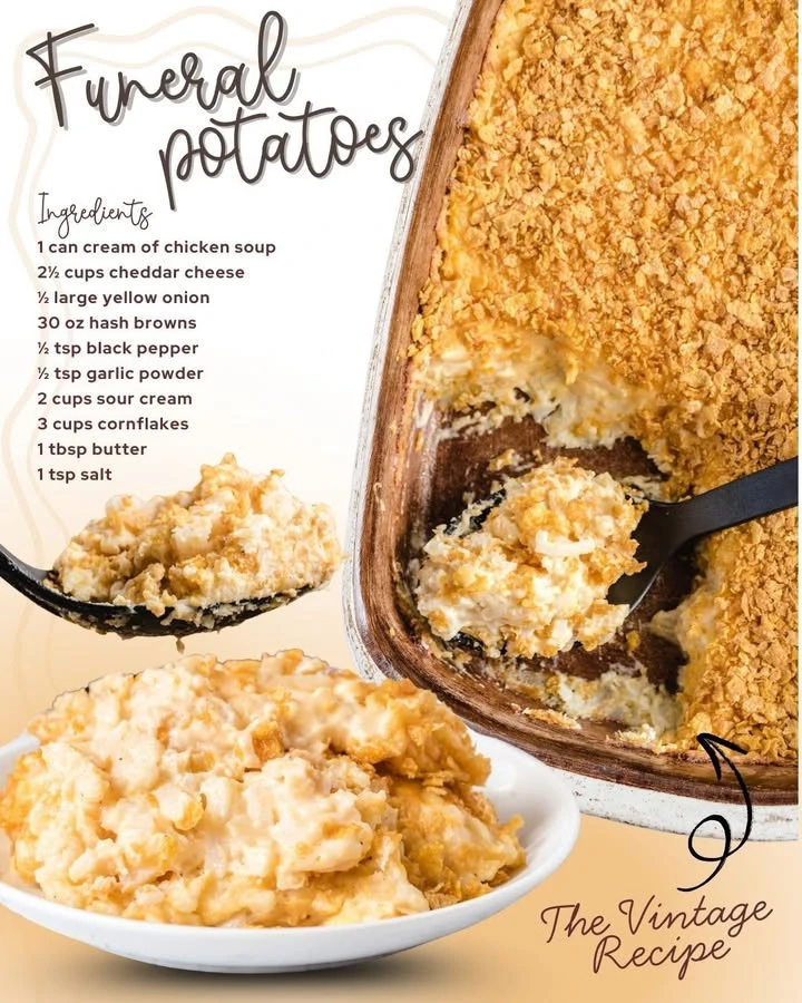 Delicious Funeral Potatoes served in a casserole dish, topped with crispy topping.