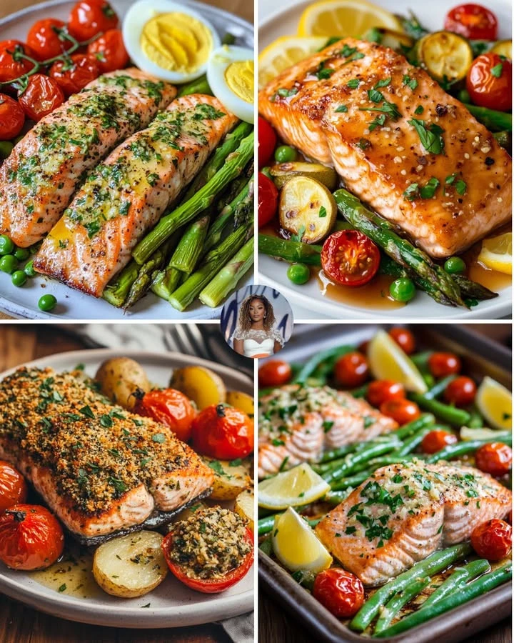 Garlic butter salmon served with roasted asparagus on a plate
