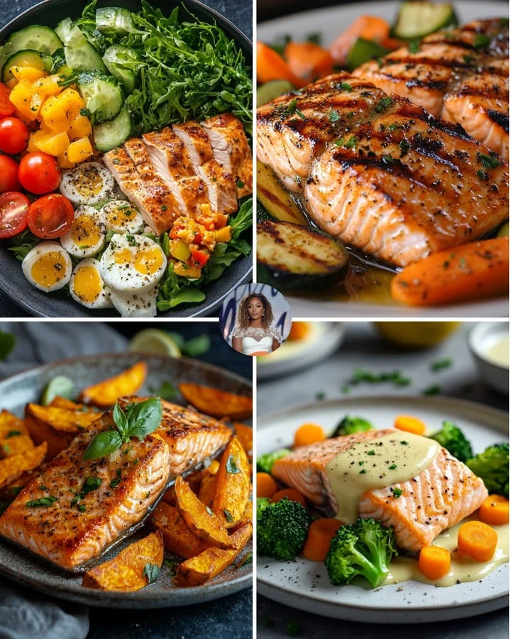 Delicious Garlic Herb Salmon garnished with fresh herbs and served with roasted veggies.
