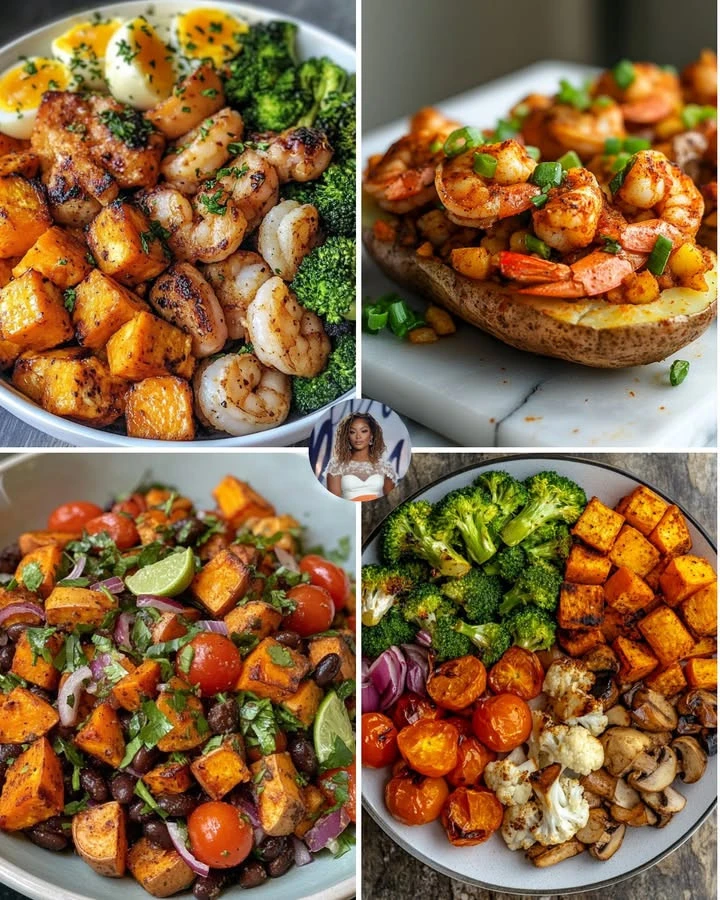 Plate of Garlic Lime Shrimp served with roasted sweet potatoes