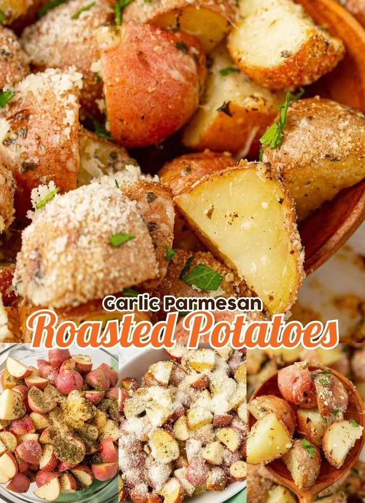 Delicious garlic parmesan roasted potatoes on a serving dish