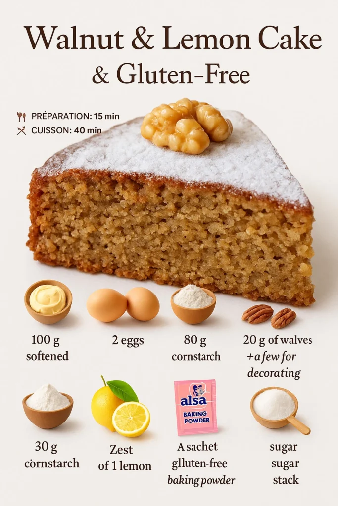 Gluten-free walnut lemon cake topped with fresh lemon zest and walnuts