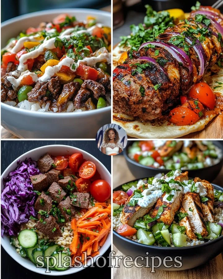 Greek-Style Lamb and Couscous Bowl topped with fresh vegetables