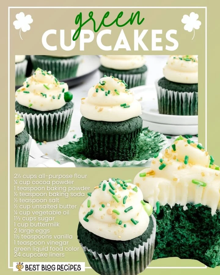 Delicious green cupcakes decorated with frosting and sprinkles