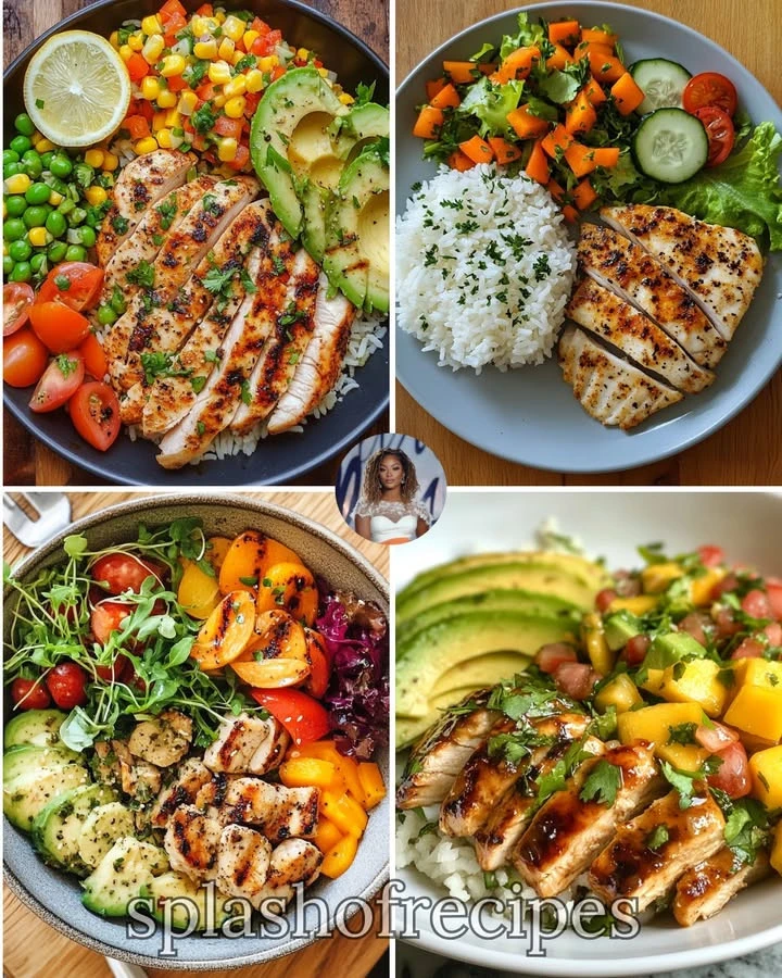 Grilled chicken served with veggie rice and a fresh salad on a plate.