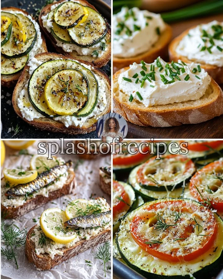 Grilled zucchini toast with ricotta and lemon zest garnished with herbs.