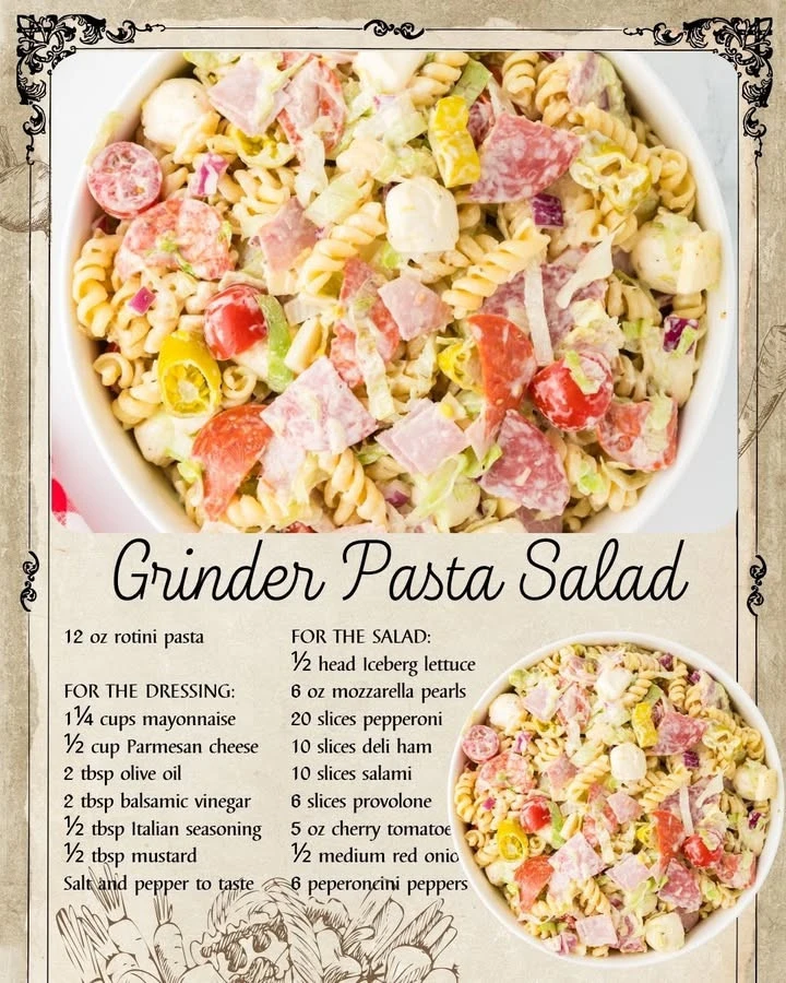 Colorful Grinder Pasta Salad with vegetables and dressing in a bowl.