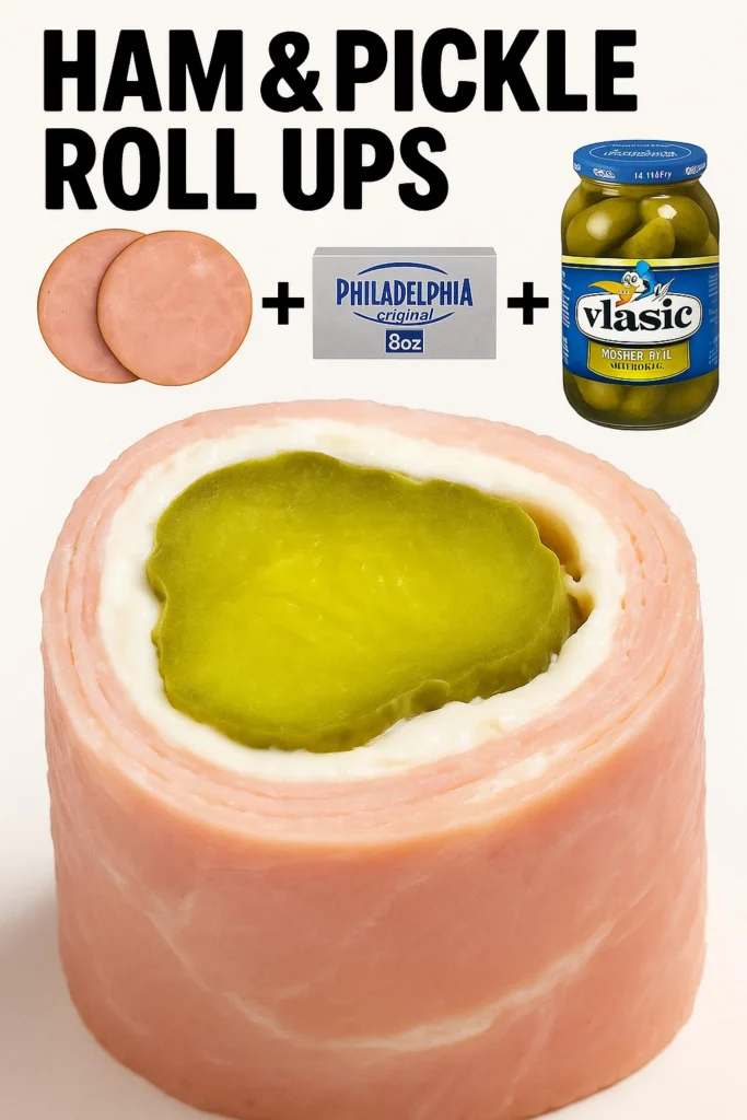 Ham and pickle roll-ups arranged on a plate, perfect for appetizers or snacks.