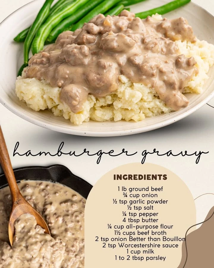 Delicious hamburger gravy served over mashed potatoes in a creamy sauce