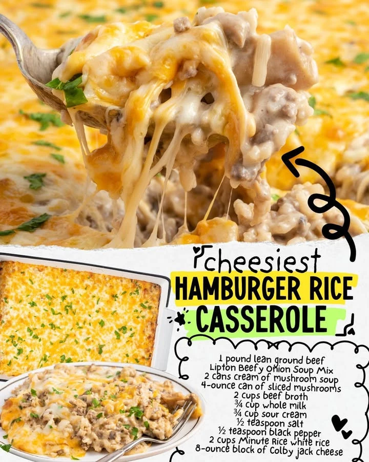 Delicious Hamburger Rice Casserole baked in a dish with ingredients visible.