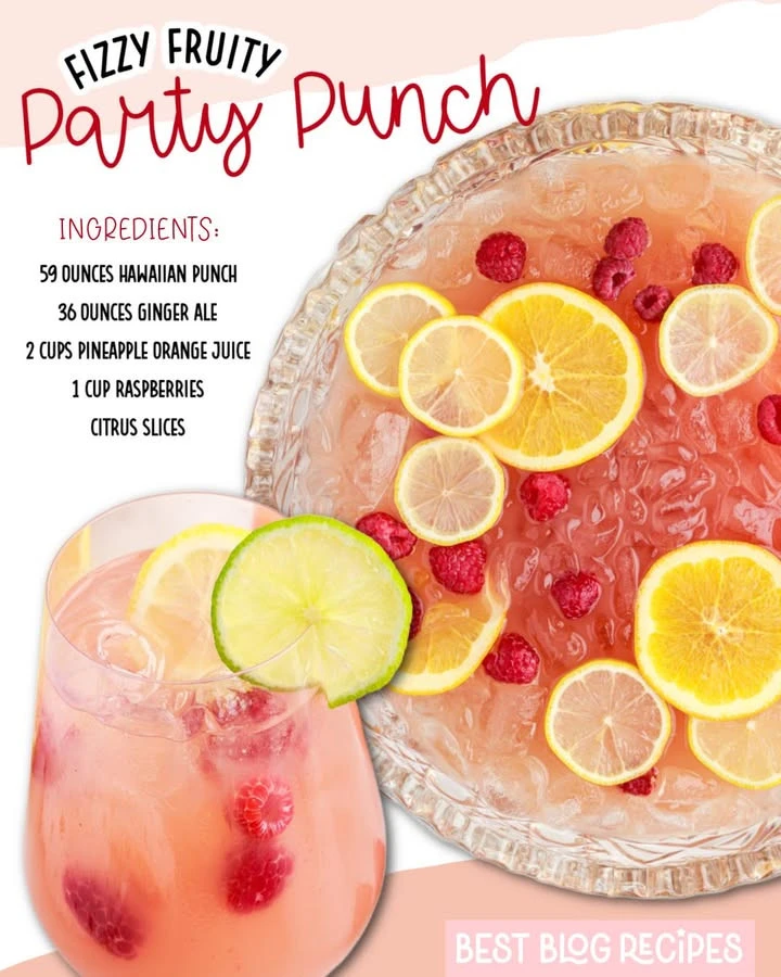 Colorful Hawaiian Punch party drink served in a festive glass with fruit garnishes.