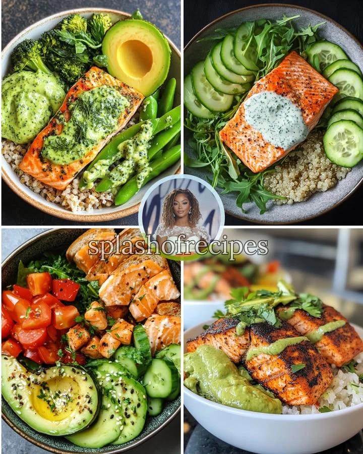 Plate featuring Herbed Salmon and a colorful Green Goddess bowl with fresh veggies.