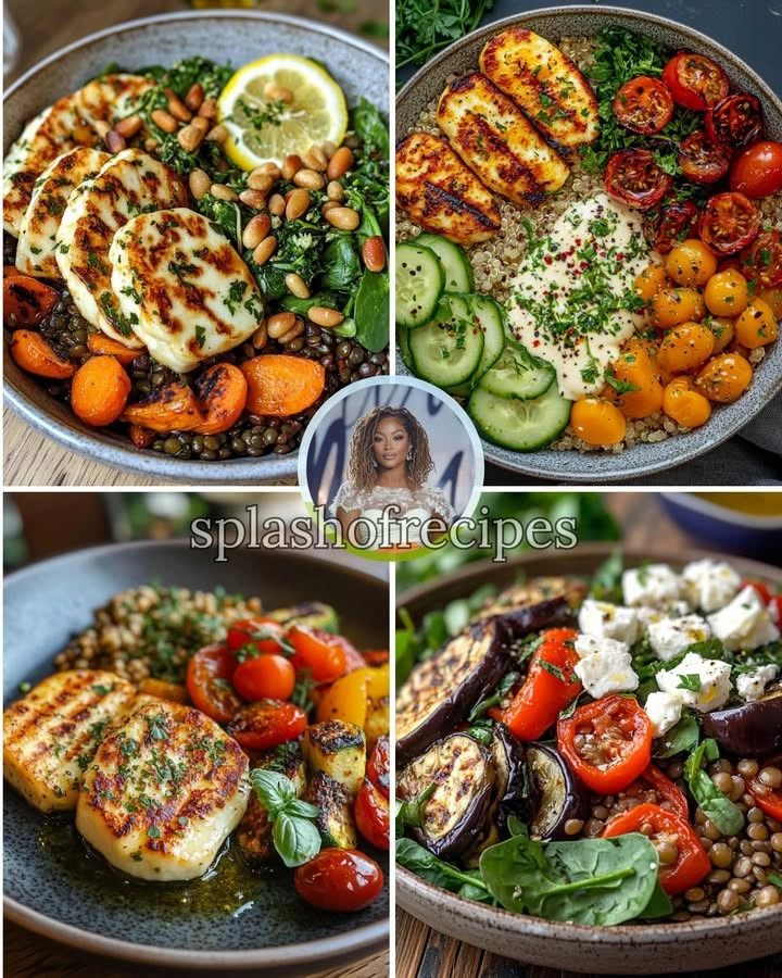 Herby Halloumi and Lentil Bowl served in a colorful dish with fresh herbs and vegetables