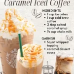 A refreshing glass of homemade caramel iced coffee topped with whipped cream and caramel drizzle.