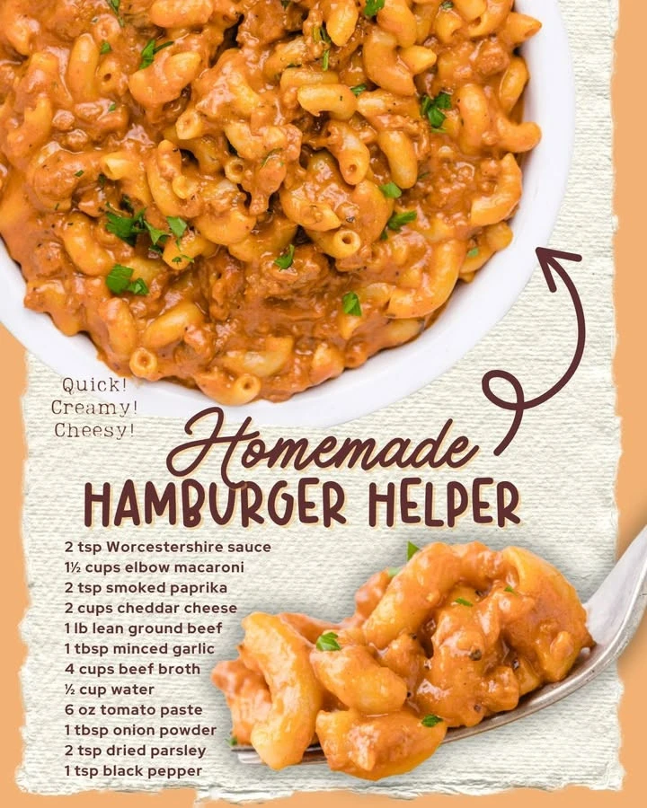A bowl of homemade hamburger helper with ground beef, pasta, and cheese