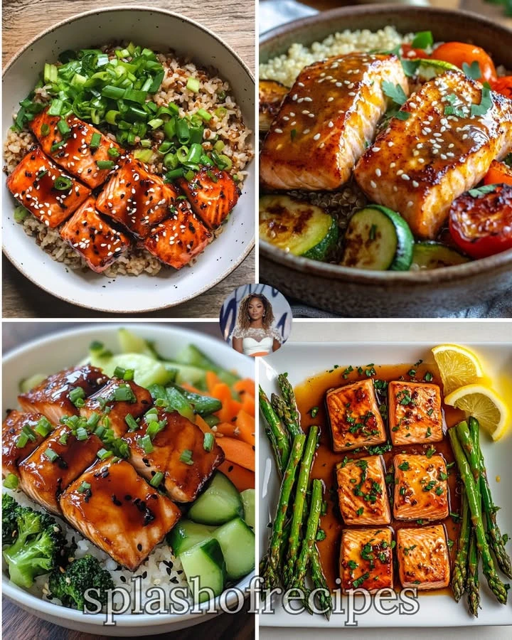 Honey Sriracha Salmon bowl with brown rice and vegetables