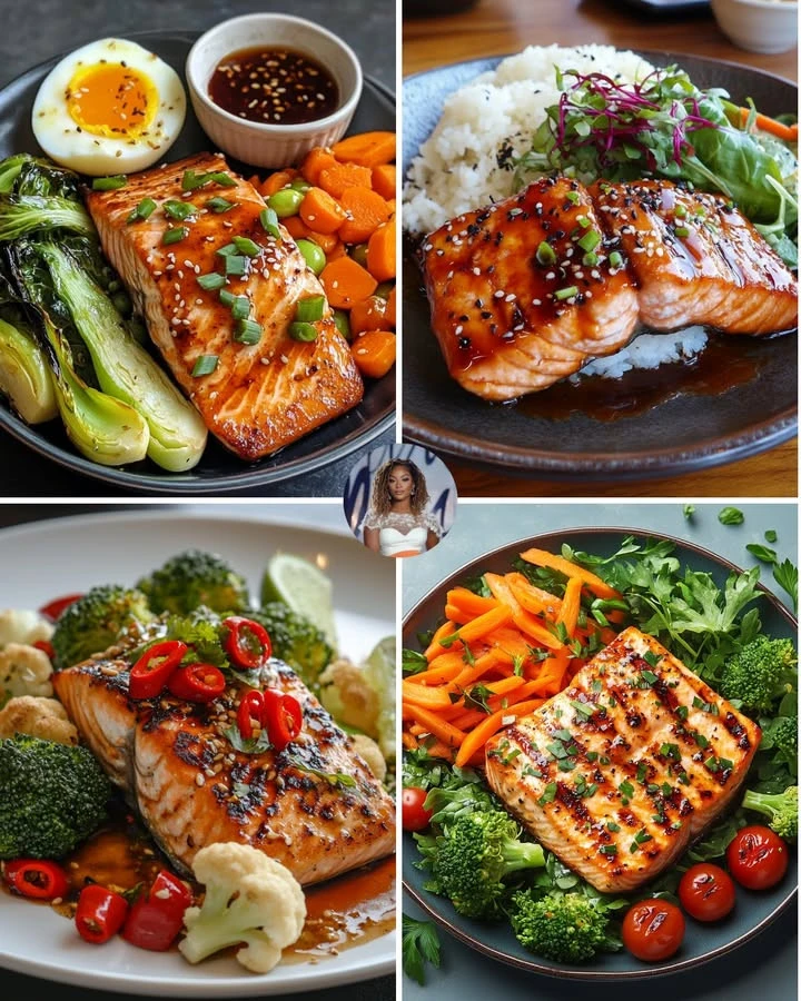 Honey Sriracha Salmon served with sesame roasted vegetables on a plate