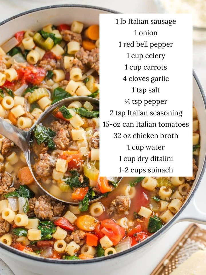 Bowl of Italian Sausage Soup featuring fresh vegetables and herbs