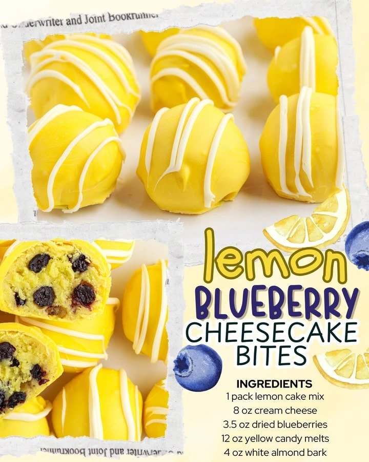Delicious slice of Lemon Blueberry Cheesecake topped with fresh blueberries