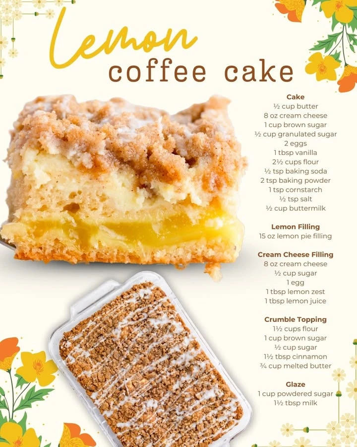 Delicious slice of lemon coffee cake topped with lemon glaze on a plate.