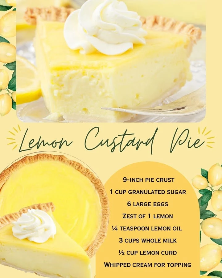 Slice of lemon custard pie on a plate with fresh lemon slices