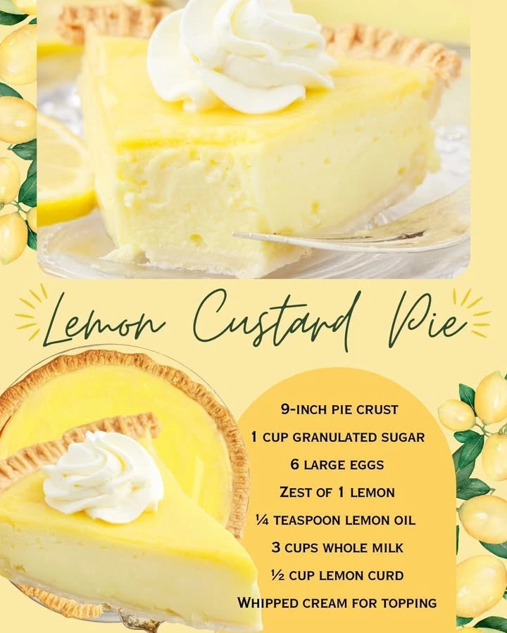 Slice of lemon custard pie with a flaky crust and lemon garnish