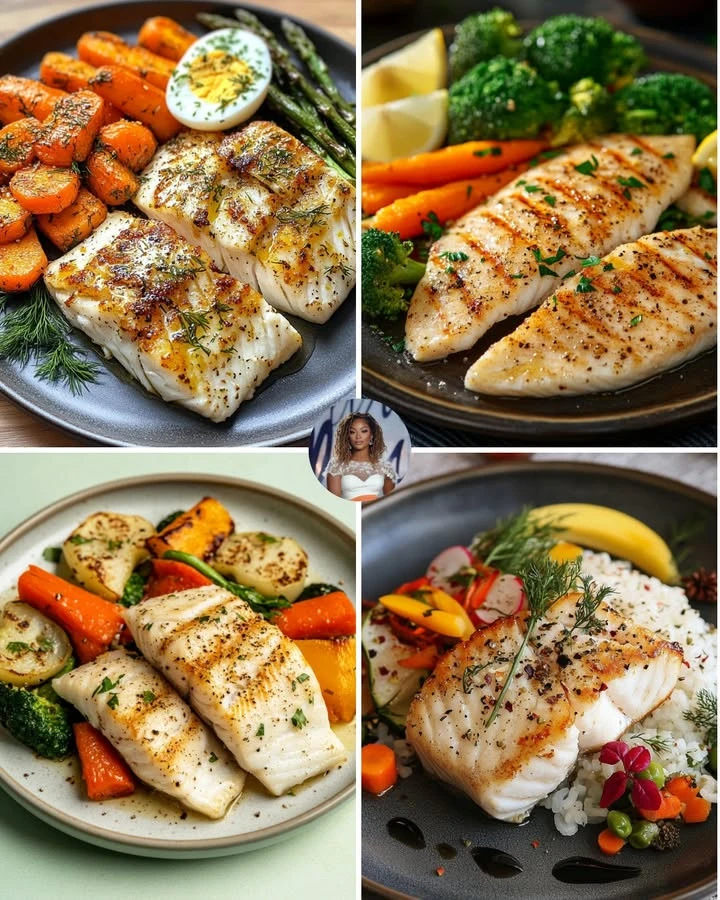 Plate of Lemon Garlic Cod with roasted carrots, fresh herbs, and lemon slices.