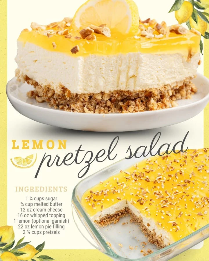 Delicious Lemon Pretzel Salad with a crunchy pretzel crust and creamy filling