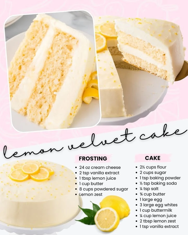 Slice of Lemon Velvet Cake with lemon slices and frosting on a white plate